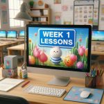 computer classroom with Week 1 Lessons sign image