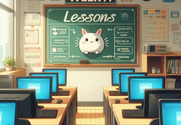 image of computer classroom with "week 7 lessons" written on chalkboard"