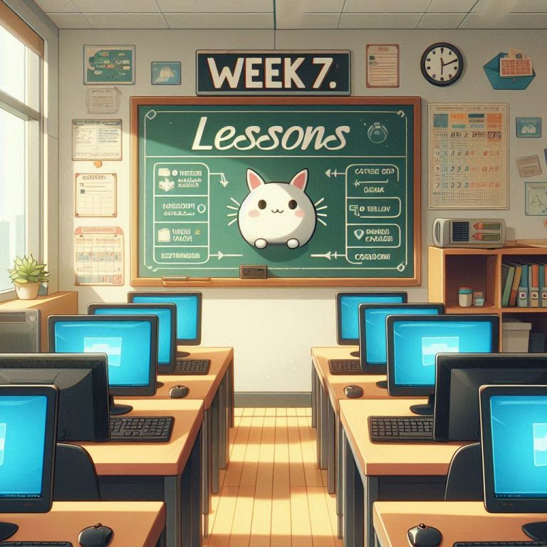 image of computer classroom with "week 7 lessons" written on chalkboard"